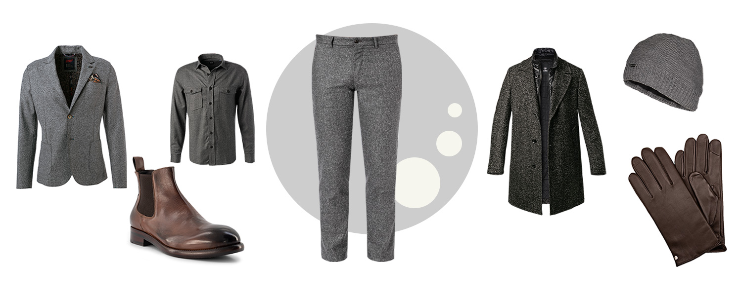 Grau melierte Businesshose kombiniert mit passendem Sakko, Mantel und Hemd