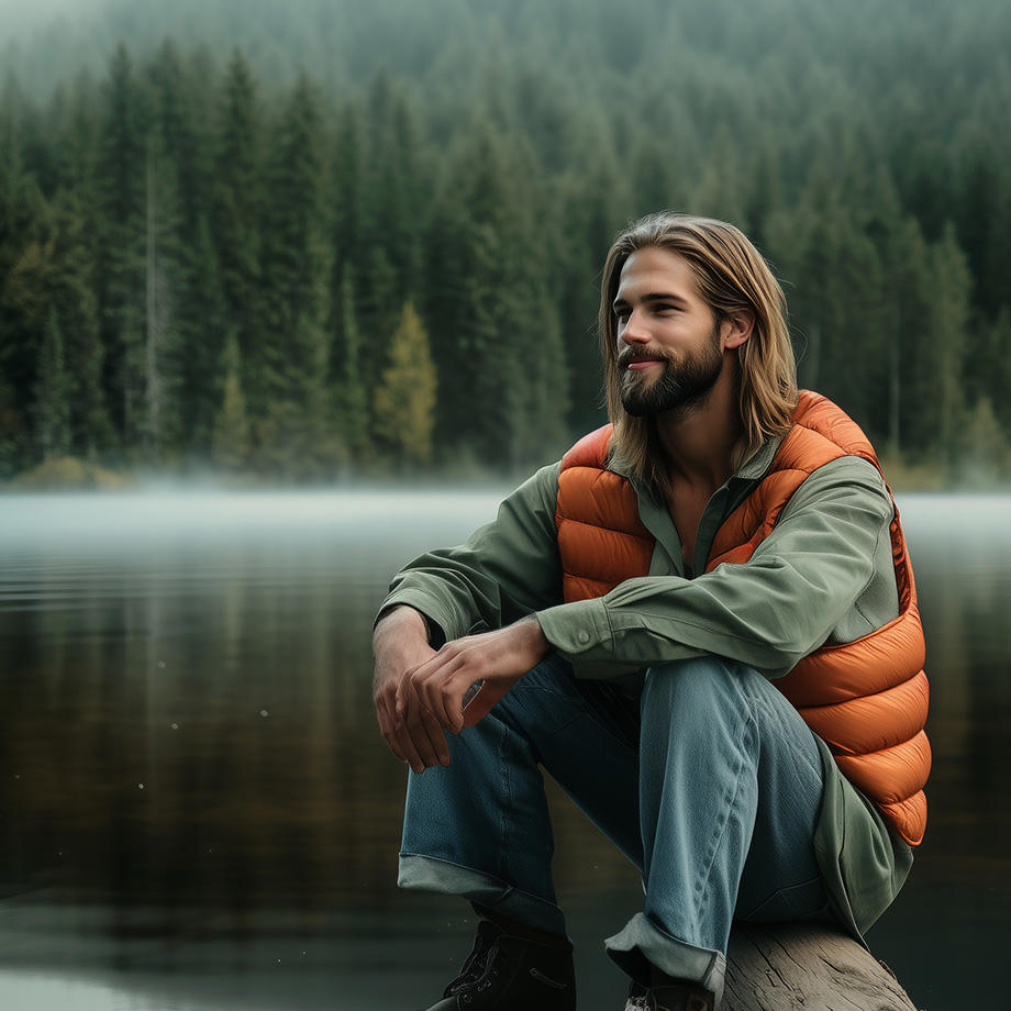 KI-generiertes Bild eines Mannes, welcher auf einem Baumstumpf am Ufer eines Sees inmitten eines Waldes sitzt. Er trägt eine blaue Jeans, ein grünes Overshirt und eine orangene Weste