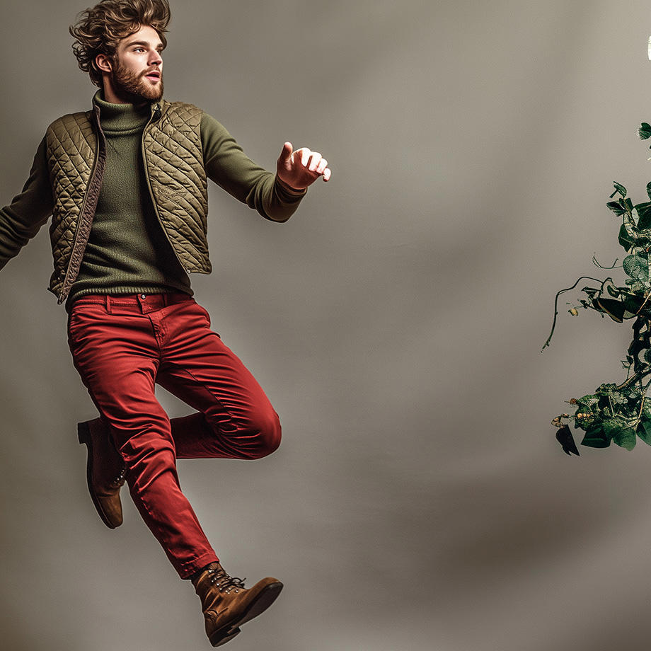 KI-generiertes Bild eines Mannes, der vor einem grauen Hintergrund in die Luft springt. Er trägt eine rote Hose und einen grünen Pullover mit gleichfarbiger Weste darüber.