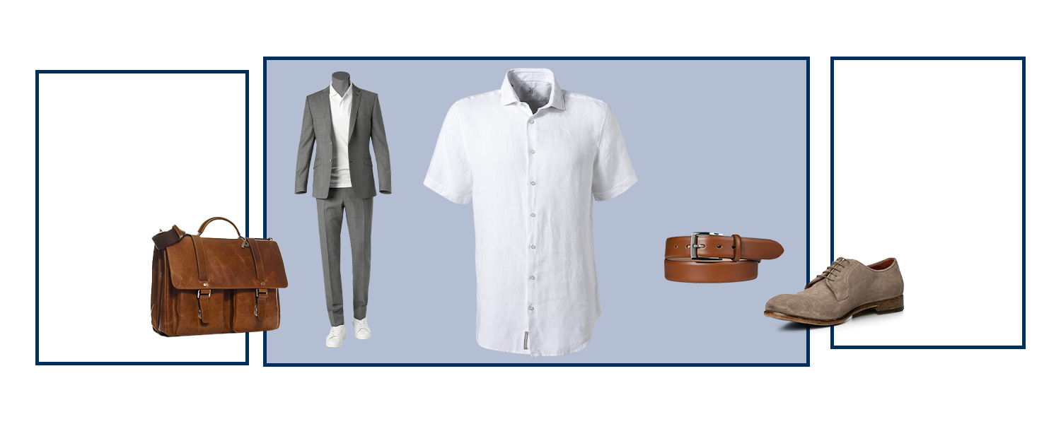 Perfekter Kurzarm-Hemden-Look für den Sommer: braune Aktentasche, grauer Anzug, weißes Hemd, brauner Gürtel und Schnürschuhe. 