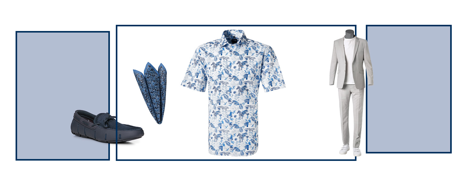 Kurzarm-Hemden-Look für die lockere Terrassen-Party: blaue Bootsschuhe, blaues Einstecktuch, Hemd mit Blumen-Print und grauer Anzug.