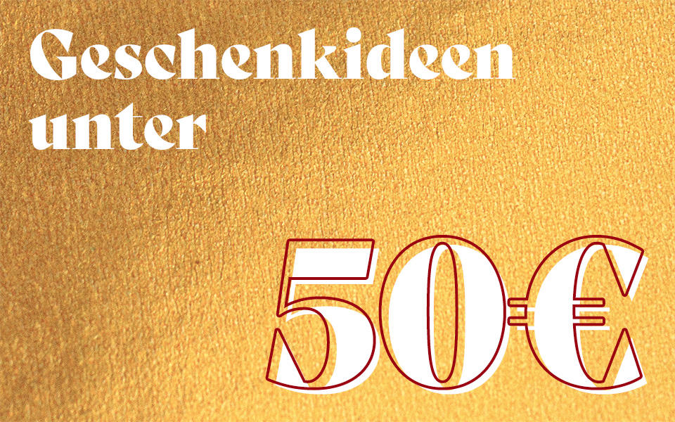 goldener Hintergrund mit Aufschrift: "Geschenkideen unter 50€"