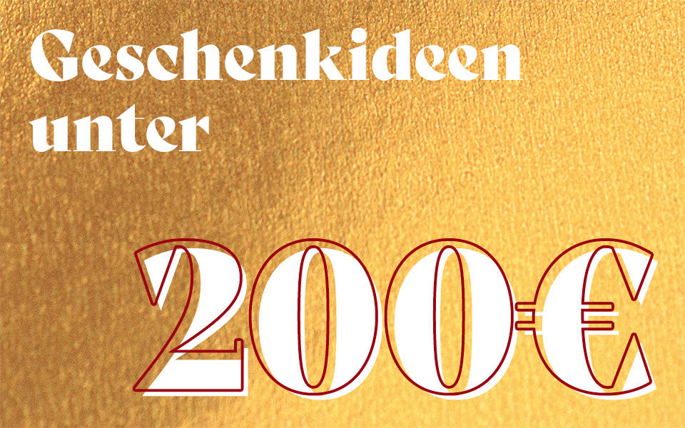 goldener Hintergrund mit Aufschrift: "Geschenkideen unter 200€"