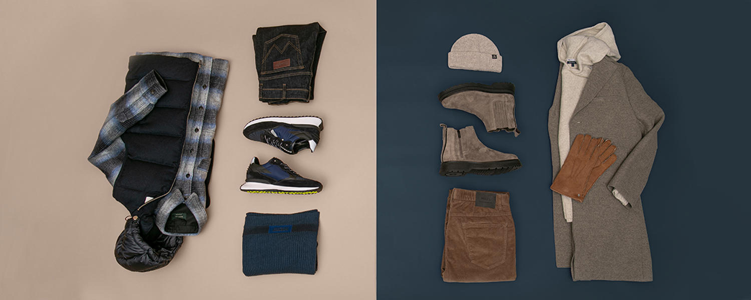 Auf dem Bild befinden sich zwei Outfits. Auf der linken Seite ein dunkler Look mit Overshirt, Weste, Schal, Sneakers und Jeans. Auf der linken Seite sieht man einen Mantel, Hoodie, Mütze, Chelsea Boots, Cordhose und Handschuhen.