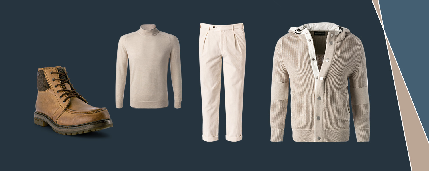 Ein helles Winter-Outfit mit braunen Schuhen, beigem Rollkragen-Pullover, heller Hose und hellem Cardigan. 