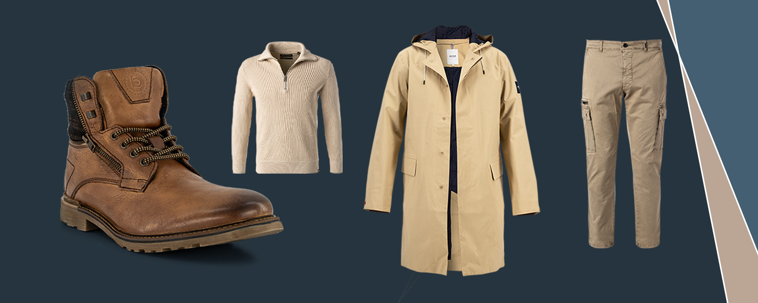 Auf dem Bild ist ein helles Outfit für den Winter zu sehen. Es besteht aus braunen Schuhen zum Schnüren, einem hellen Troyer, einem beigen Mantel und einer Cargohose in Beige. 