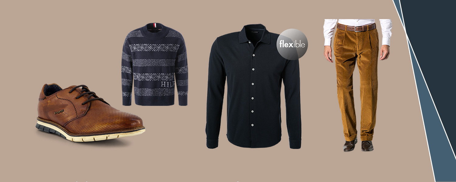 Ein dunkles Winter-Outfit mit braunen Schnürschuhen, gestreiftem, blauen Pullover, dunklem Hemd und brauner Cordhose.