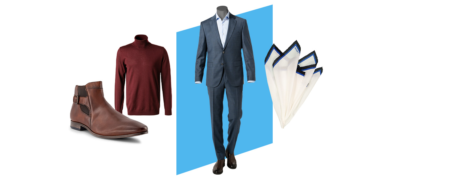 Blauer Anzug und Rotes Hemd und Braune Schuhe