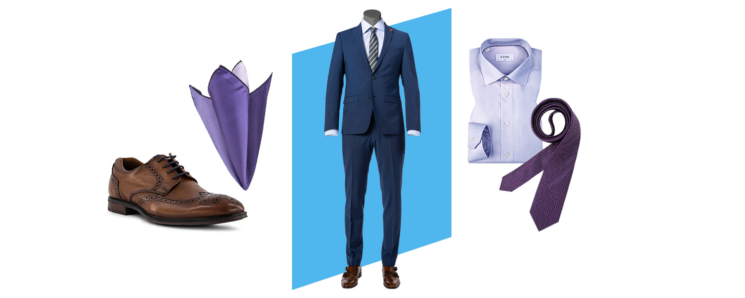 Blauer Anzug mit Lila Krawatte und Blaues Hemd