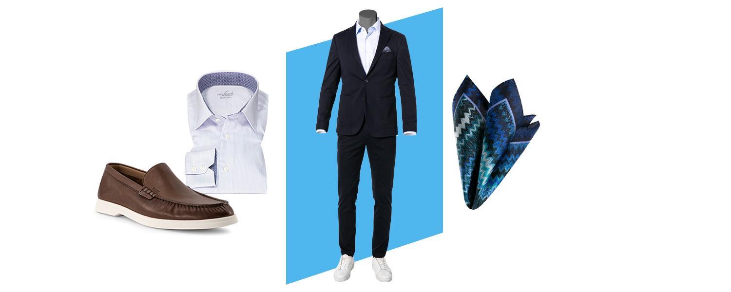 Blauer Anzug mit gepunkteter Krawatte und Braune Schuhe und Hemd und Tuch