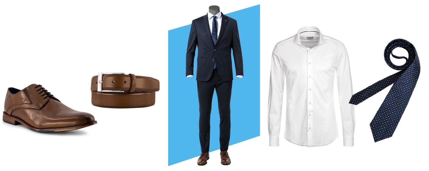Blauer Anzug mit gepunkteter Krawatte und Braune Schuhe sowie Gürtel
