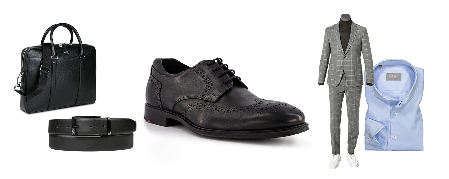 Karo-Anzug in Kombi mit hellblauem Hemd und schwarzen Budapester