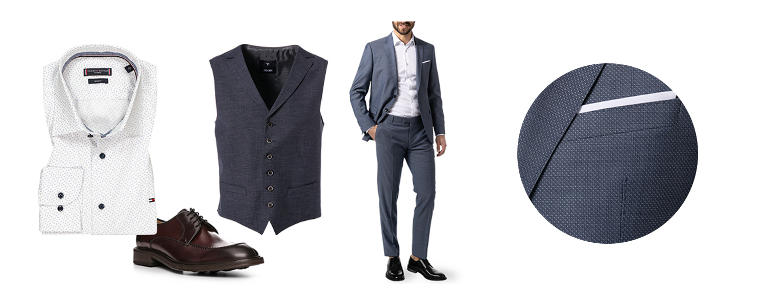 Blauer Anzug mit Weißes Hemd und Braune Schuhe