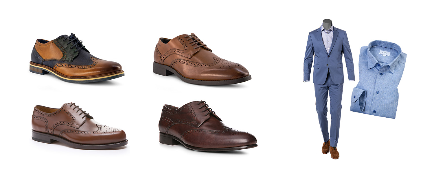 Blauer Anzug mit braunen Lederschuhen