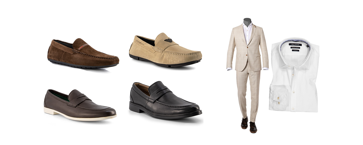 Slipper in verschiedenen Farben mit beigem Anzug