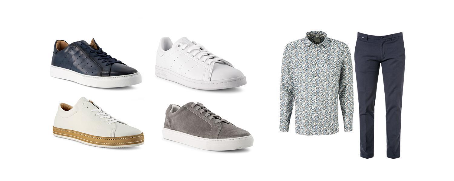 Sommer-Outfit mit vier möglichen Sneakers: Blau, Weiß, Hellgrau und Creme