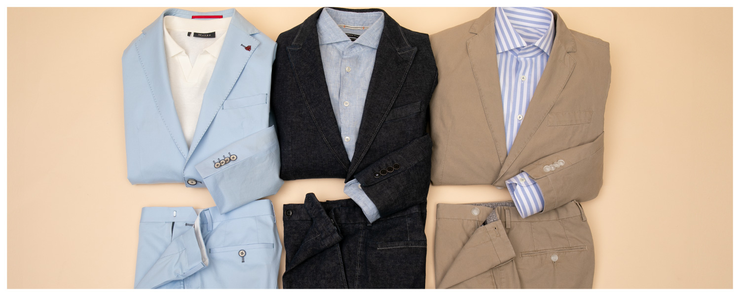 Drei Anzüge in Braun, Schwarz und Hellblau
