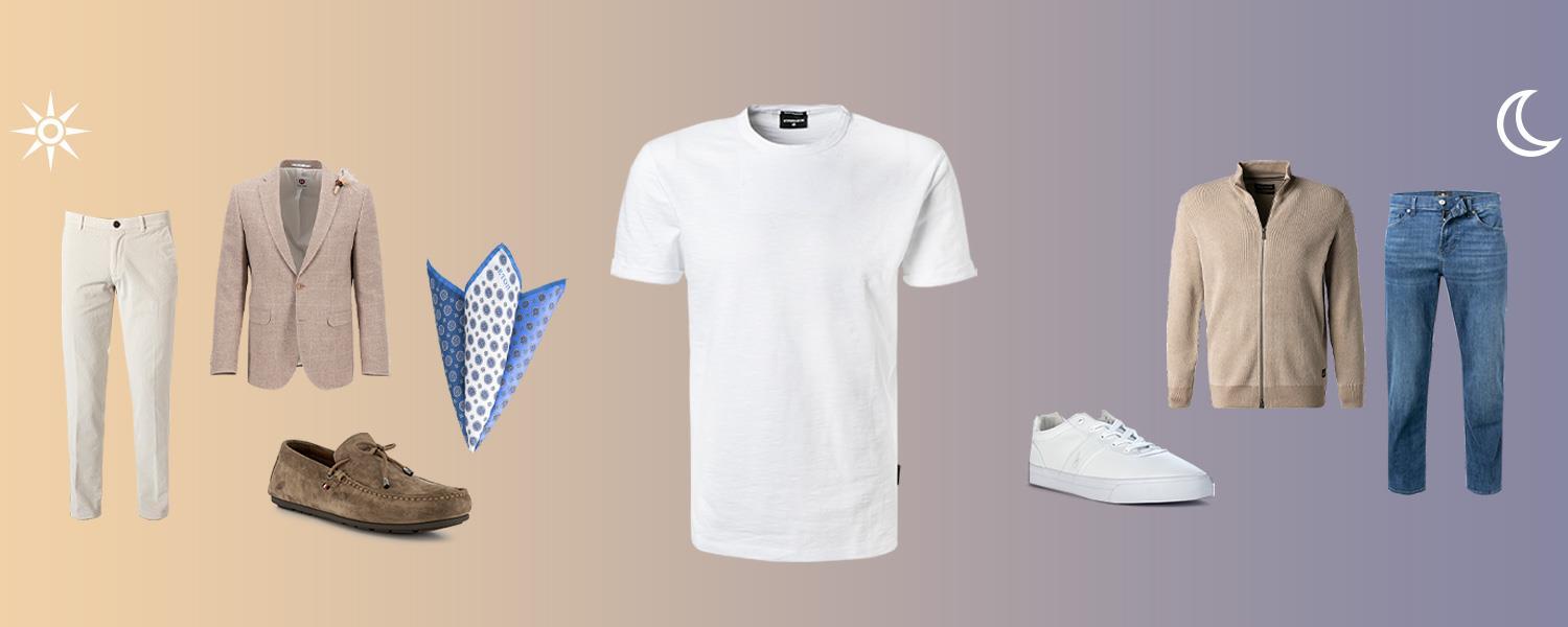 Weißes Rundhals-T-Shirt mit Sakko oder Zipper-Cardigan kombiniert