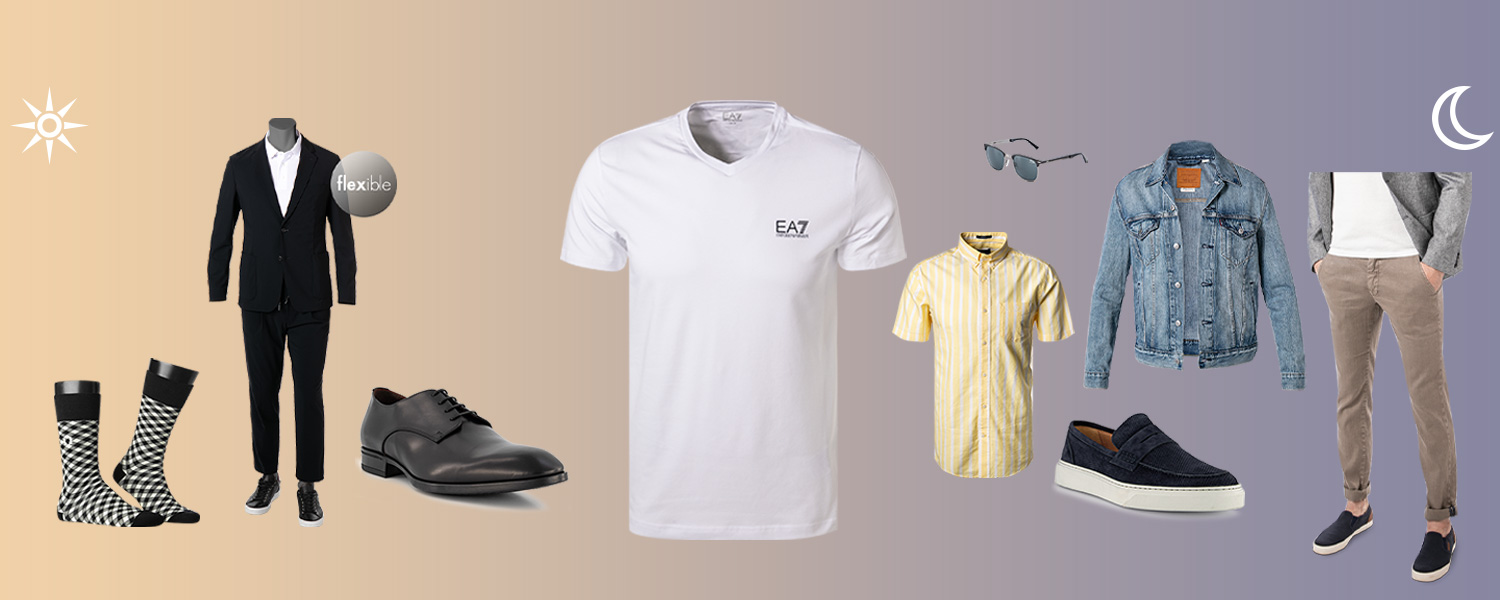 Weißes T-Shirt mit V-Ausschnitt mit schwarzem Anzug oder Jeansjacke kombiniert