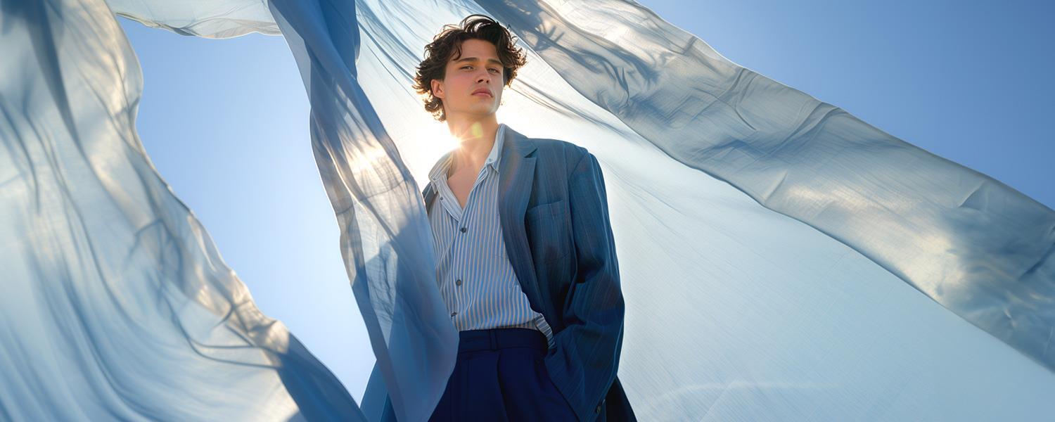 Mann in blauem Anzug steht vor blauem Himmel mit strahlender Sonne, ein leichtes blaues Tuch weht um ihn herum