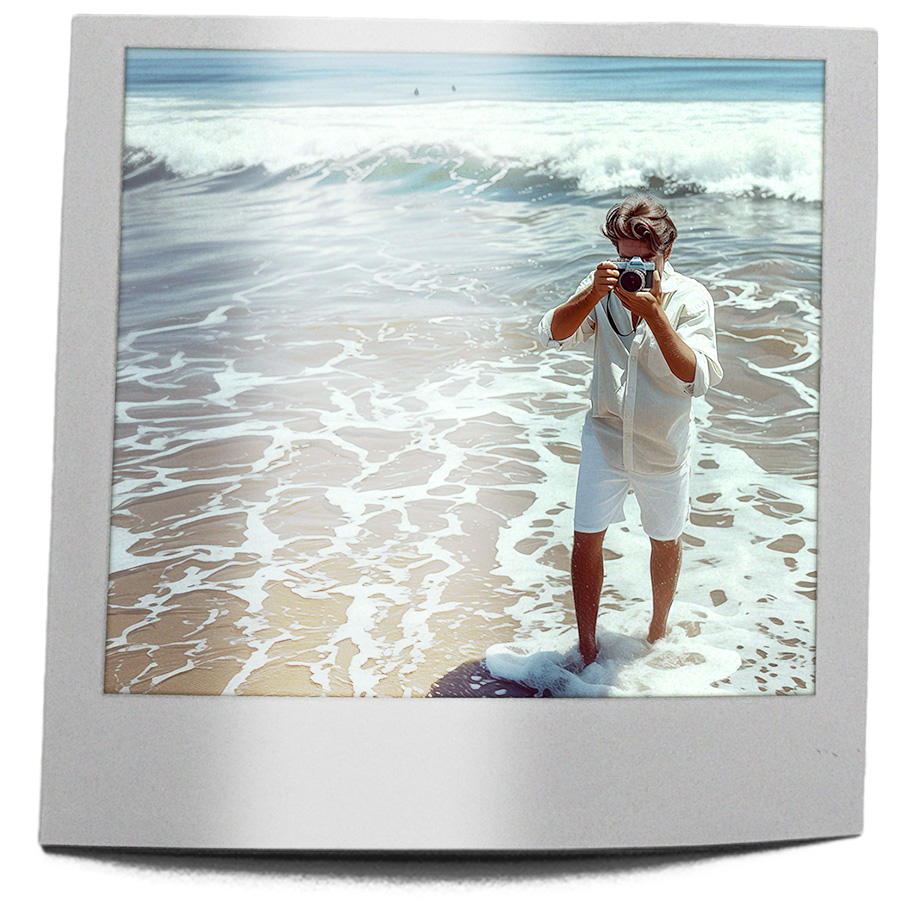 Polaroidbild eines jungen Mannes, der im seichten Wasser am Strand steht und mit einer Kamera Bilder schießt