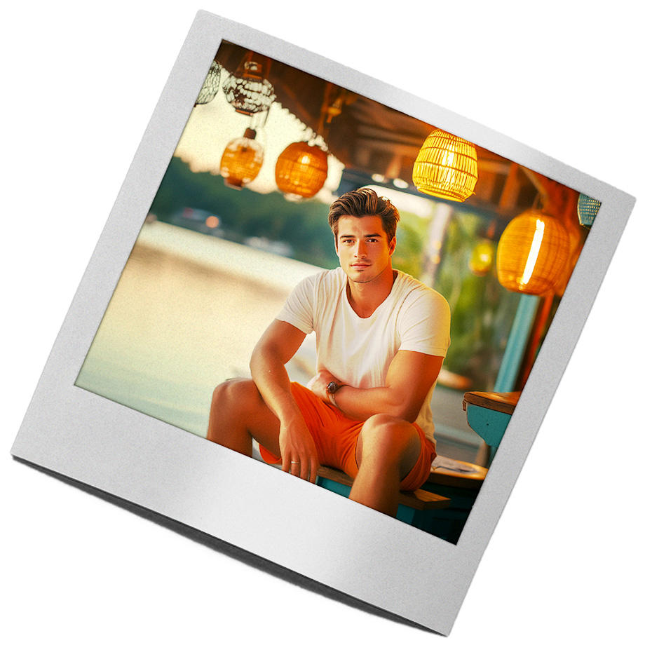 Polaroidbild von einem jungen Mann, der in einer Bar am Wasser sitzt