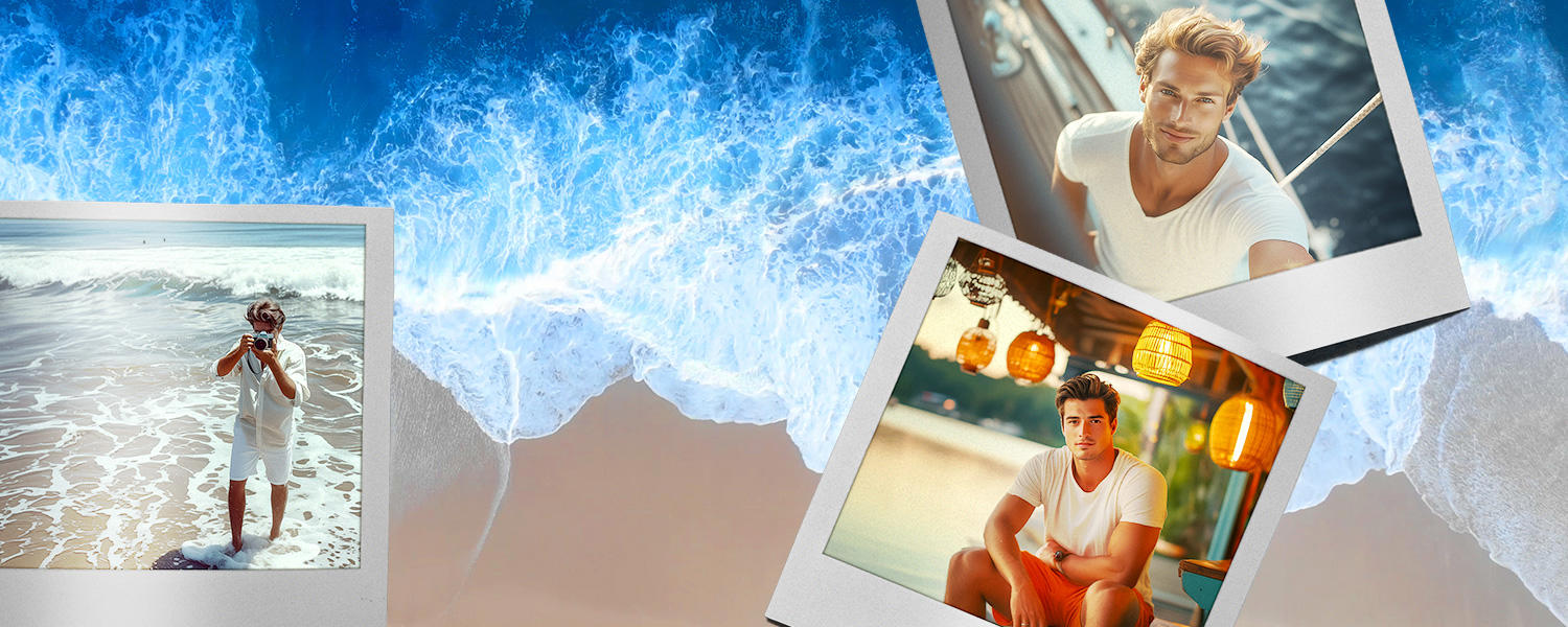 Fotocollage von Polaroidbildern, die Männer am Strand, See oder auf dem Boot zeigen, vor einem Hintergrund von Strand und blauem Meer