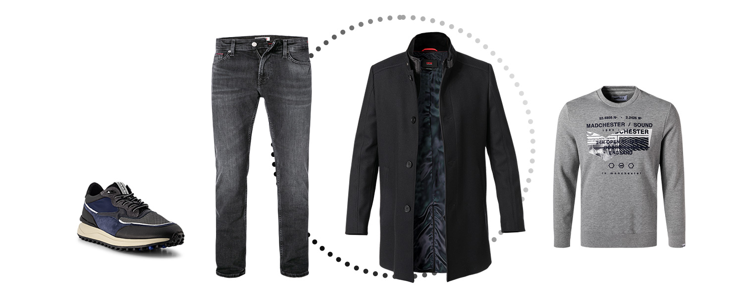 Ein Outfit mit schwarzem Mantel für die lässige Freizeit