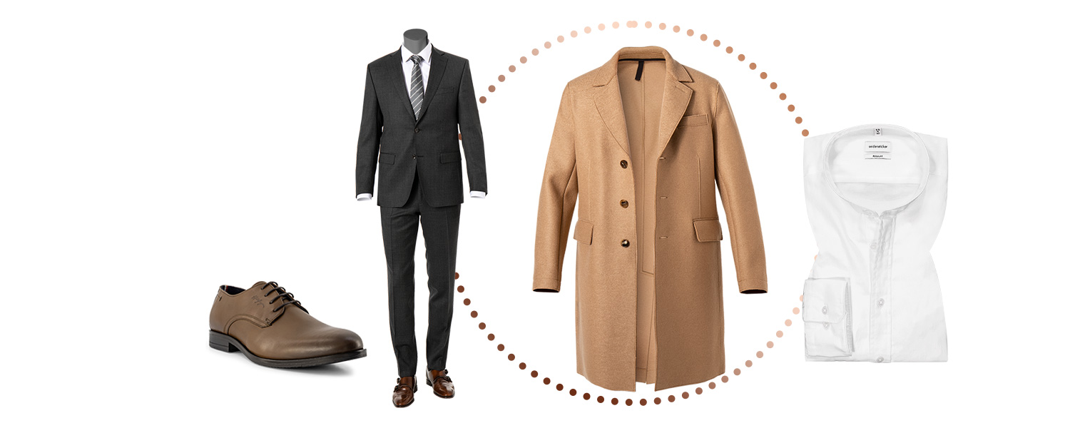 Business-Look mit Anzug und Camel-Mantel