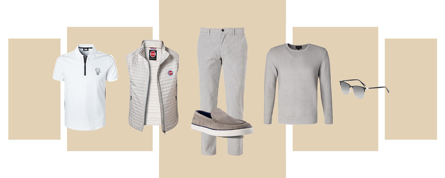 Ein Outfit bestehend aus einem weißen Polo mit Zipper, einer grauen Weste, grauen Mokassins, einer hellen Streifenhose, einem grauen Pullover und einer grauen Sonnenbrille