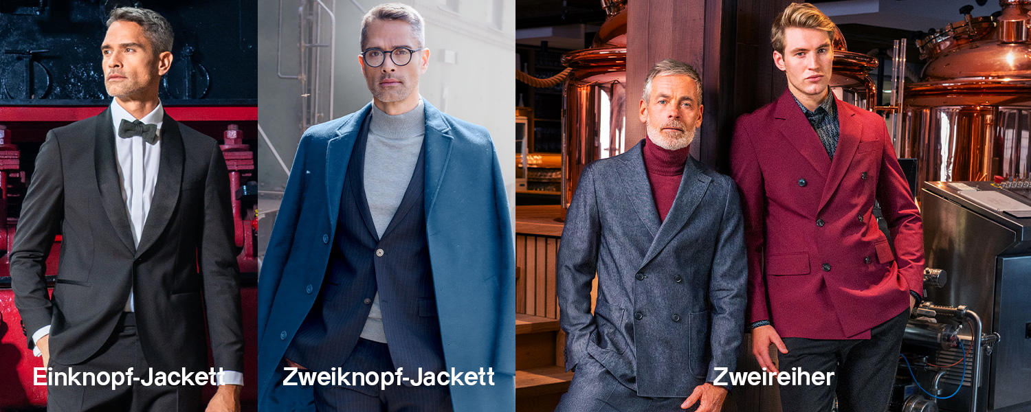 Drei verschiedene Sakko-Varianten für Herren: links ein Mann im eleganten schwarzen Ein-Knopf-Jackett mit Fliege, in der Mitte ein Mann im dunkelblauen Zwei-Knopf-Jackett über Rollkragenpullover, rechts zwei Männer in modernen Doppelreihern in Blau und Bordeauxrot, präsentiert in stilvoller Umgebung.