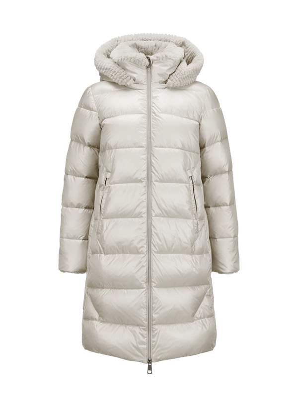 Damen-Daunenmantel in Beige mit Kapuze und Reißverschluss, gestepptes Design