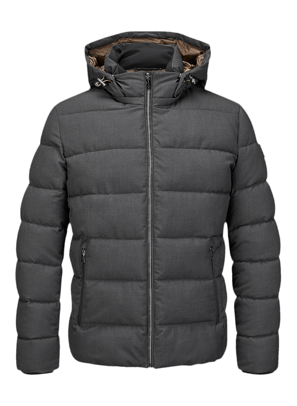 Dunkelgraue Steppjacke mit Kapuze, Reißverschluss und Taschen, wattiert