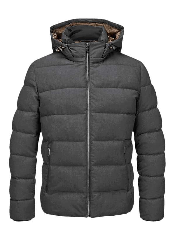 Dunkelgraue Steppjacke mit Kapuze, Reißverschluss und Taschen, wattiert