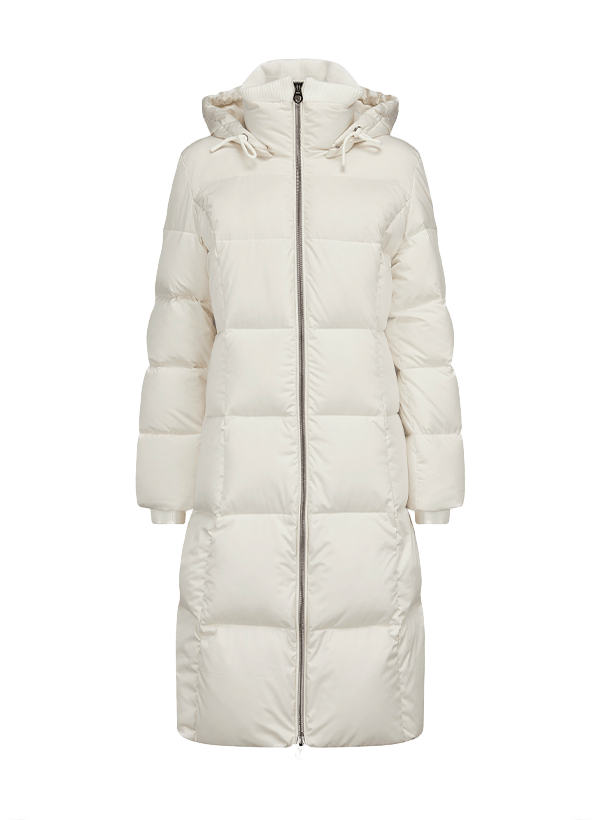 Langer, weißer Steppmantel mit Kapuze, gestepptes Design, Reißverschluss vorne