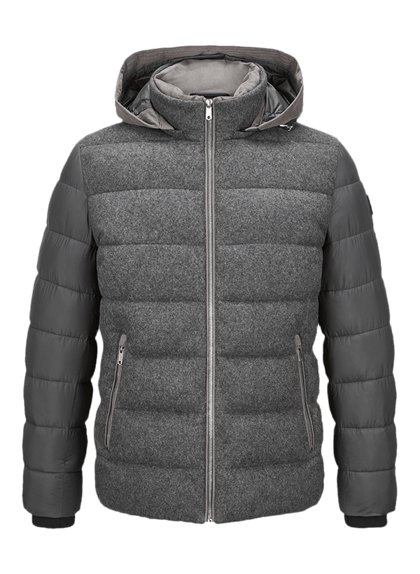 Graue wattierte Herrenjacke mit Kapuze, Reißverschlüssen und glänzenden Ärmeln, klassisch geschnitten