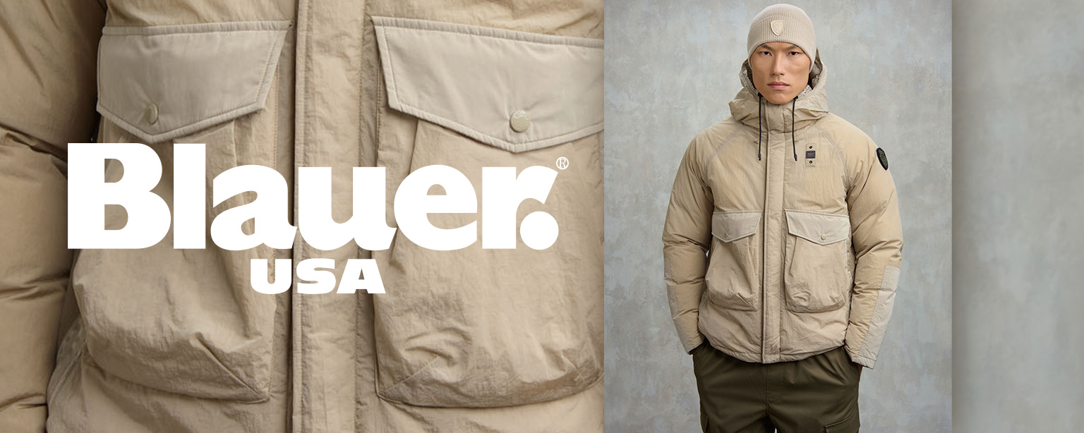 Beige Daunenjacke aus Nylon mit Kapuze, zwei Vordertaschen, getragen von Mann vor grauem Hintergrund