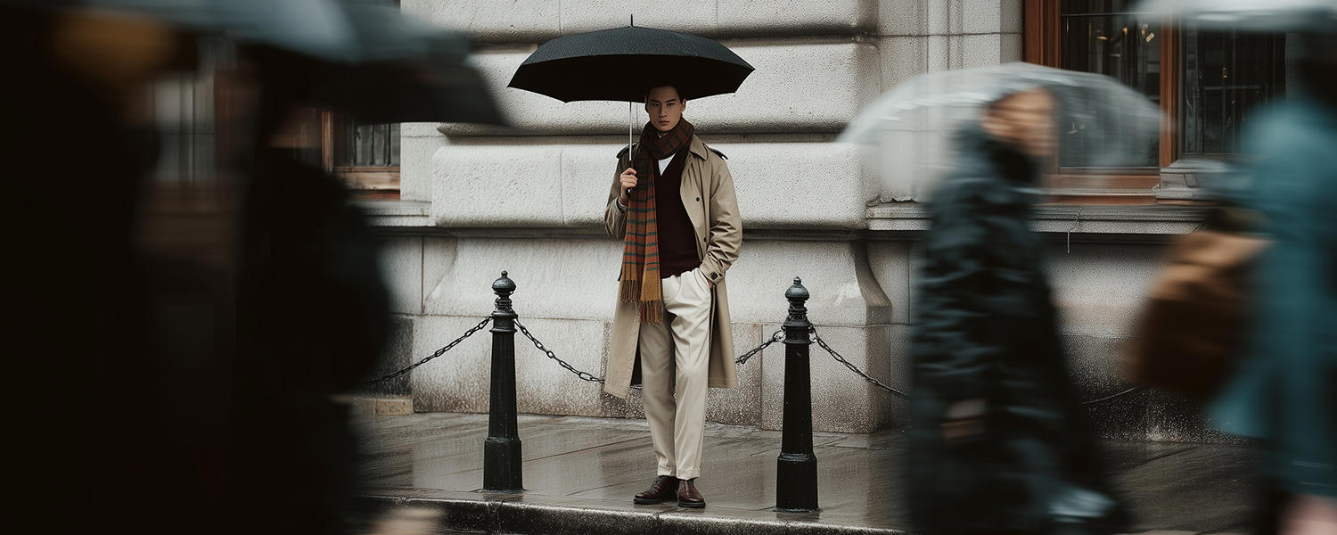 Mann in beigem Trenchcoat und karierter Schal, elegantes Outfit auf regennasser Straße