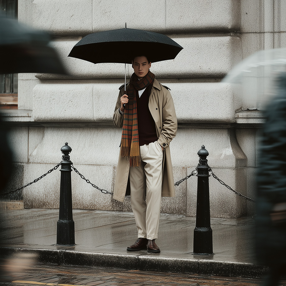 Mann in beigem Trenchcoat mit karierter Wollschal und schwarzem Regenschirm auf Straße