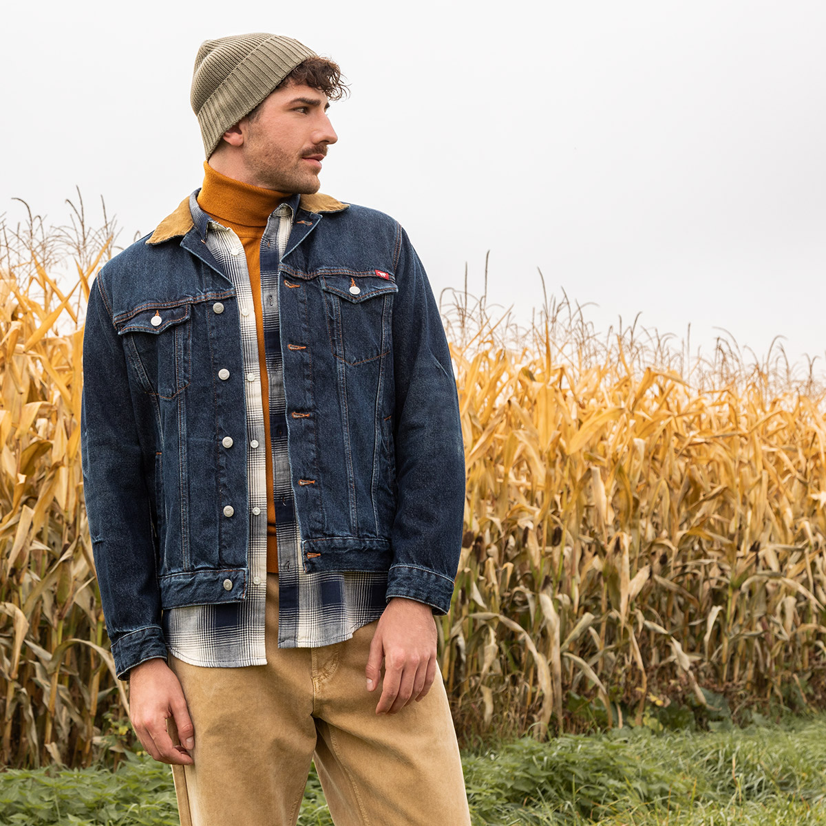 Mann in blauer Jeansjacke mit kariertem Hemd und Mütze vor Maisfeld