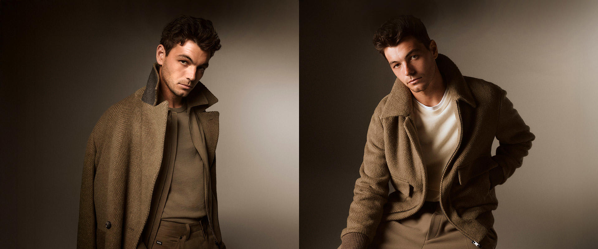 Herr in braunem Wollmantel und beiger Jacke über Pullover, elegant präsentiert