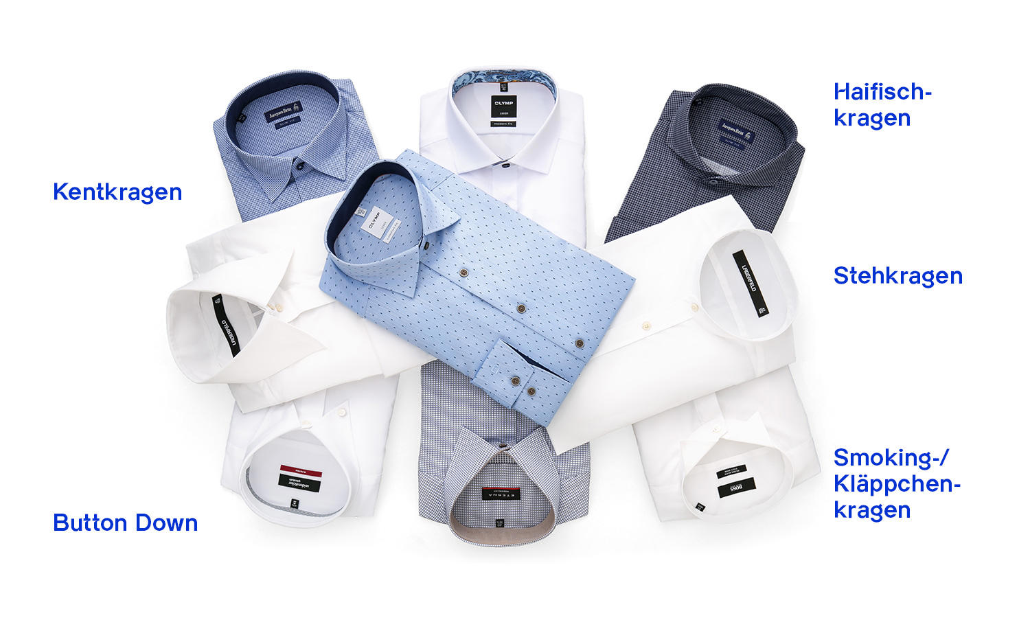 Von oben fotografierte Anordnung verschiedener Herrenhemden, die leicht übereinander liegen und in Weiß- und Blautönen gehalten sind. Die Hemden zeigen unterschiedliche Kragenformen, die jeweils mit blauer Schrift beschriftet sind: Kentkragen, Haifischkragen, Stehkragen, Smoking- bzw. Kläppchenkragen und Button-Down-Kragen. Die Stoffe variieren zwischen einfarbig, gemustert und dezent strukturiert – eine stilvolle Übersicht klassischer Kragenvarianten.