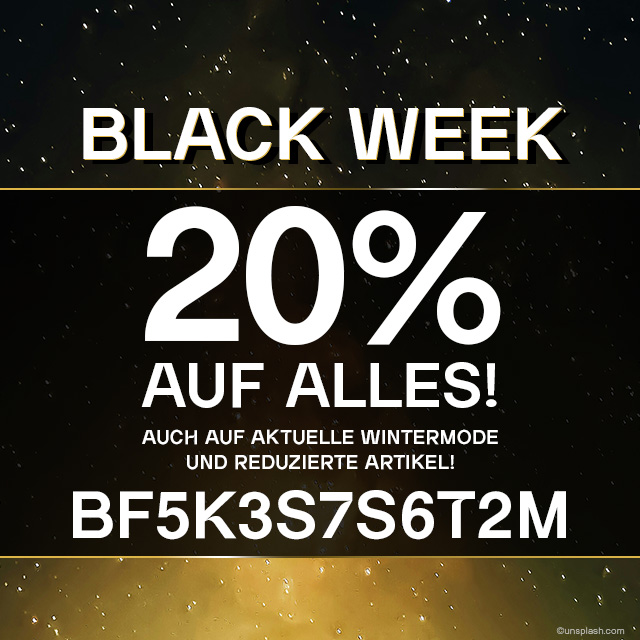 Werbegrafik für 20% Rabatt während Black Week auf Wintermode und reduzierte Artikel