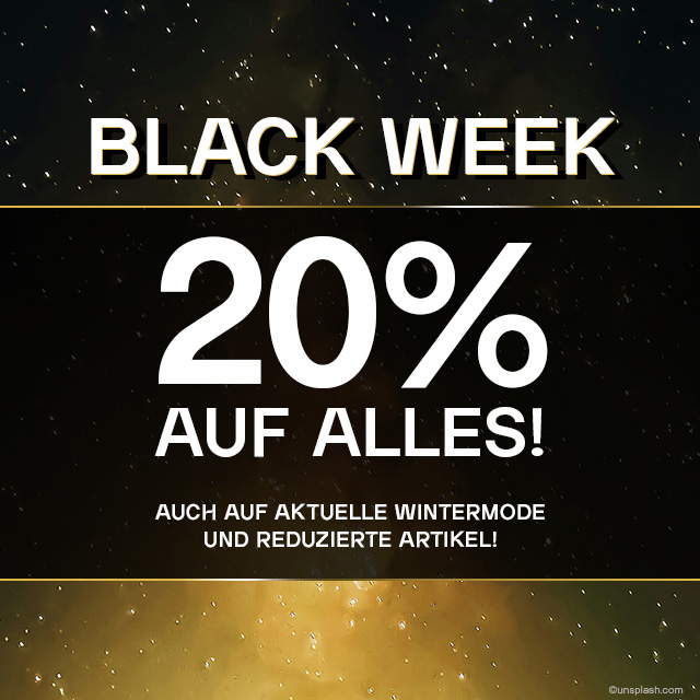 Werbegrafik für 20% Rabatt während Black Week auf Wintermode und reduzierte Artikel