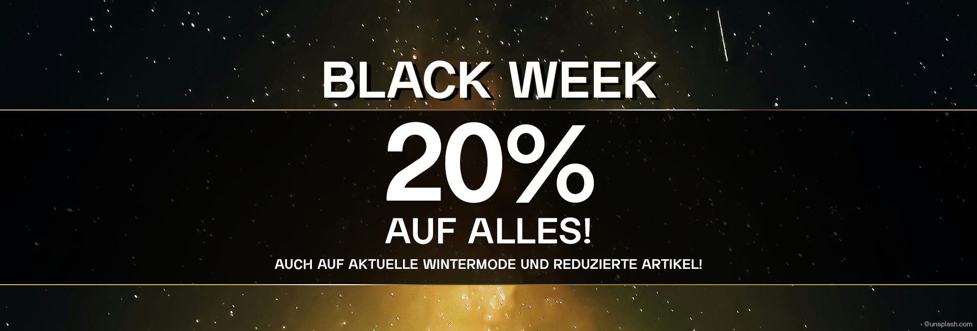 Werbegrafik für 20% Rabatt während Black Week auf Wintermode und reduzierte Artikel