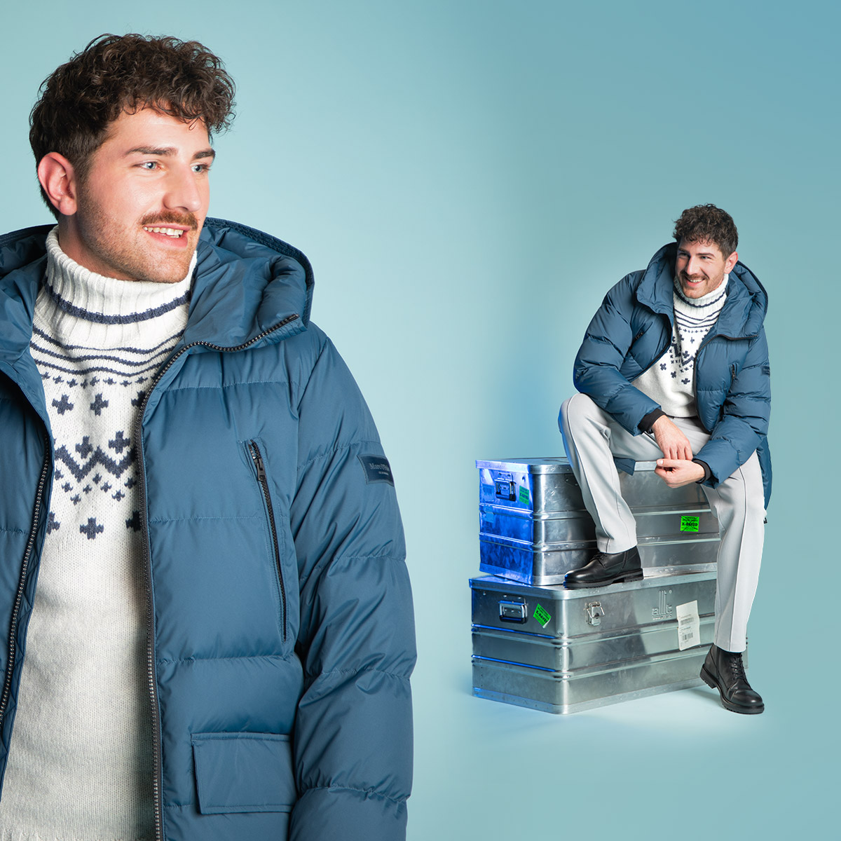 Mann in blauer Daunenjacke mit Kapuze und weißem Strickpullover mit Norweger-Muster, lässig sitzend