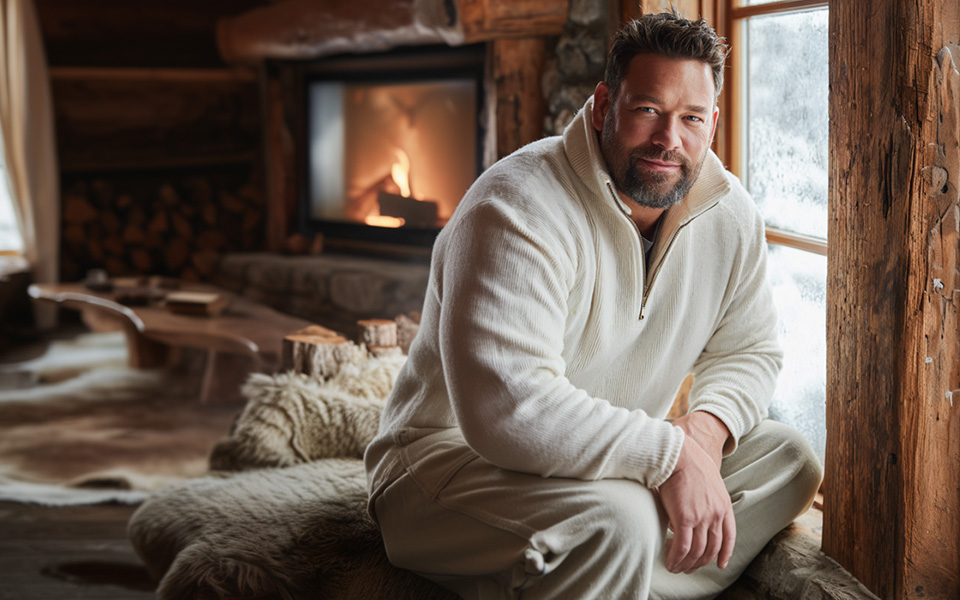 Mann in cremefarbenem Strickpullover mit Reißverschluss, leger zu Hause getragen