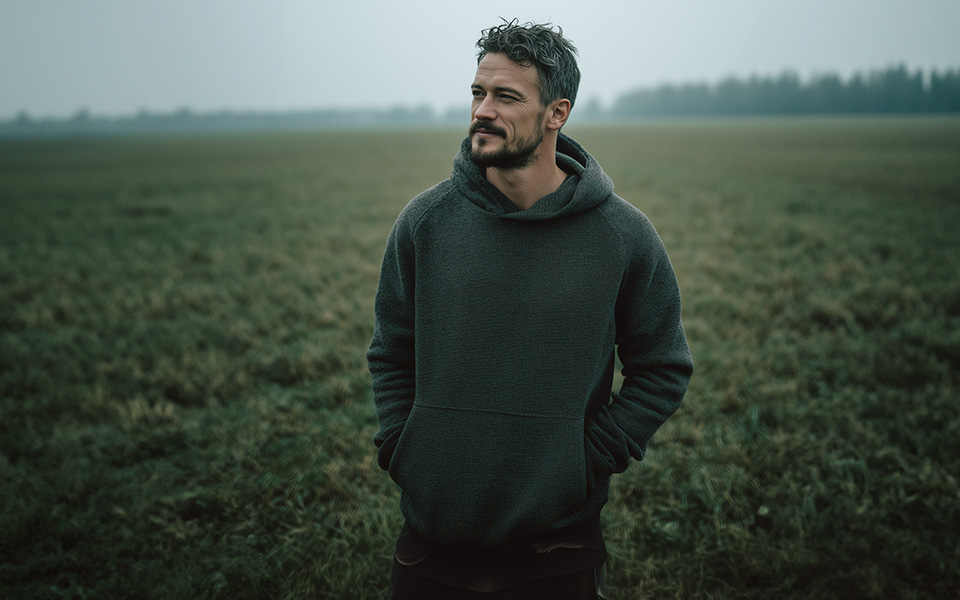 Mann in anthrazitfarbenem Hoodie aus Strickmaterial auf freiem Feld