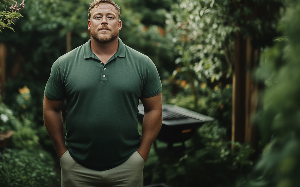 Ein KI-generiertes Bild eines stämmigen Mannes in einem dunkelgrünen Basic-Polo