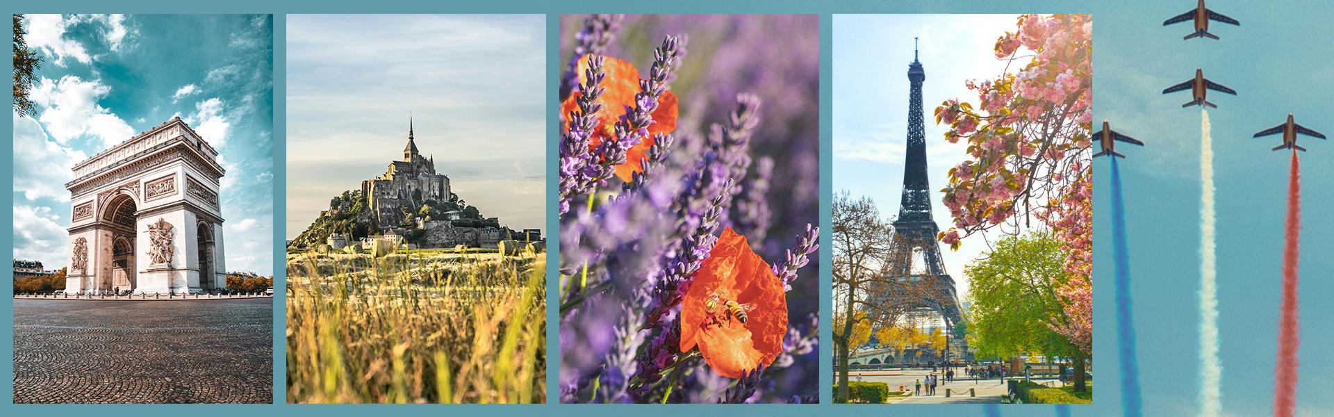 Fünf nebeneinander angeordnete Motive aus Frankreich: Der Arc de Triomphe in Paris bei klarem Himmel, das mittelalterliche Kloster Mont-Saint-Michel auf einer Felseninsel, ein Nahaufnahme von Lavendel- und Mohnblumen, der Eiffelturm umgeben von blühenden Bäumen im Frühling, sowie drei Jets mit farbigen Kondensstreifen in Blau, Weiß und Rot – Symbolfarben der französischen Flagge.